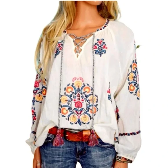 Sundance Floral Embroidered Long Sleeve Peasant Style Lightweight Blouse Top XL - Picture 1 of 11